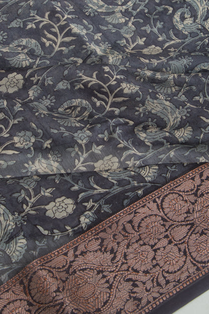 Chanderi Silk Floral Printed Black Saree