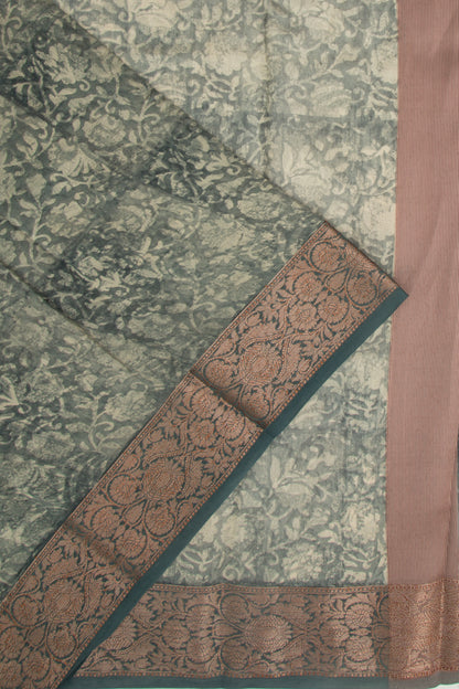 Chanderi Silk Floral Printed Moss Green Saree