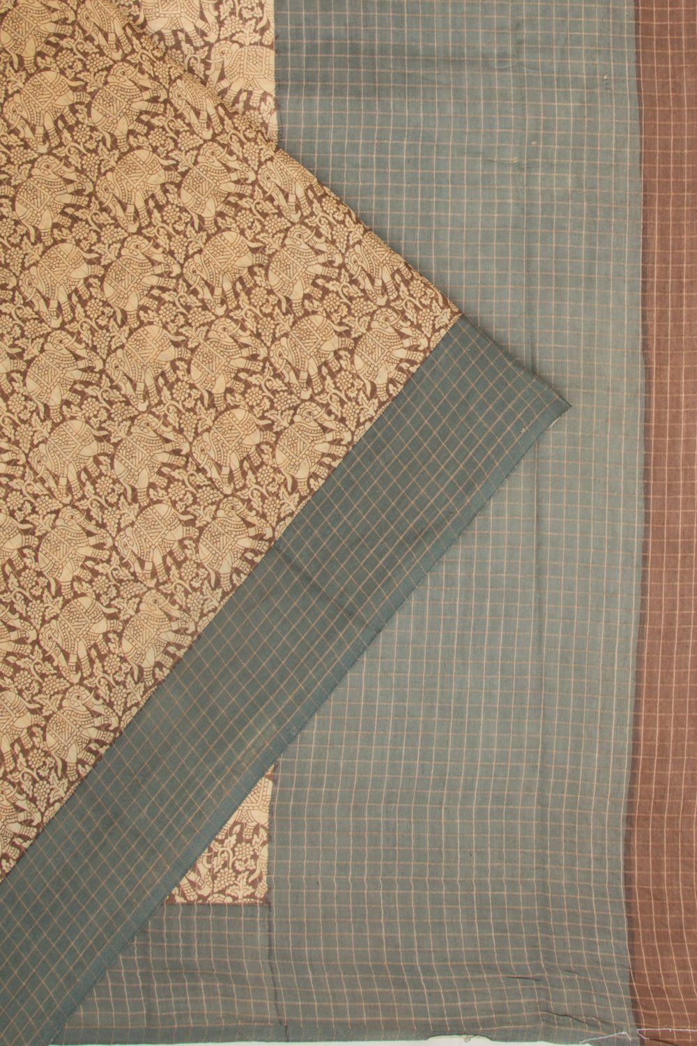 Chanderi Silk Checks And Printed Brown And Cream Saree