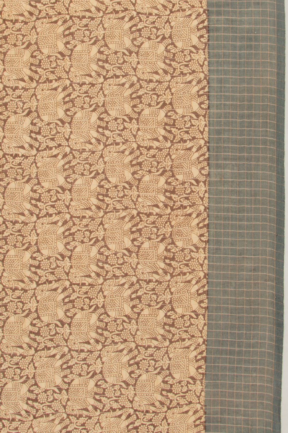 Chanderi Silk Checks And Printed Brown And Cream Saree