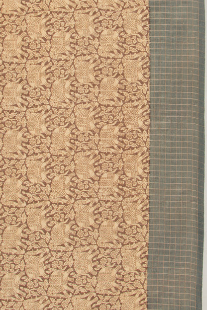 Chanderi Silk Checks And Printed Brown And Cream Saree