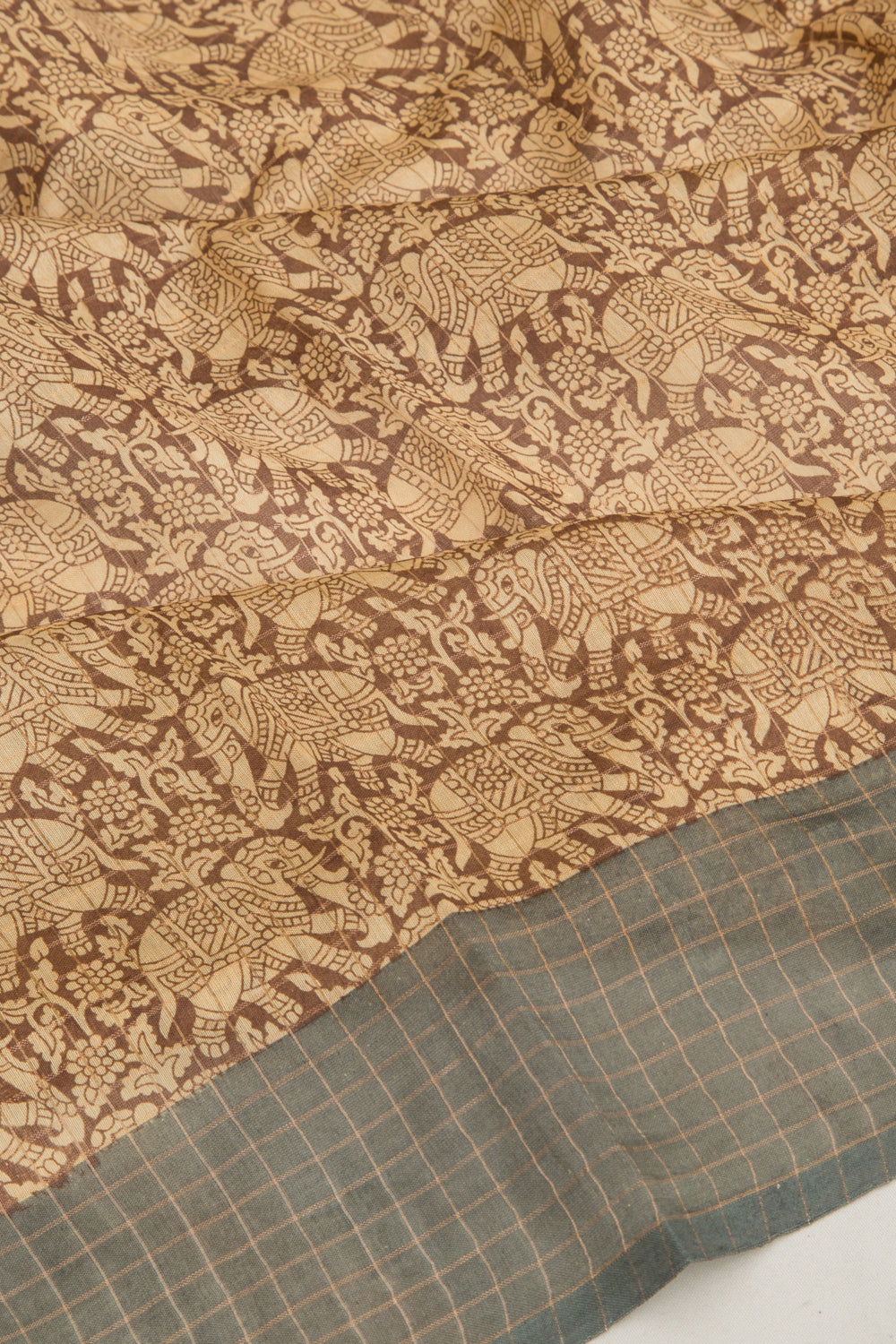 Chanderi Silk Checks And Printed Brown And Cream Saree