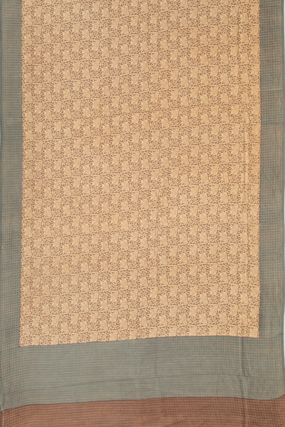 Chanderi Silk Checks And Printed Brown And Cream Saree
