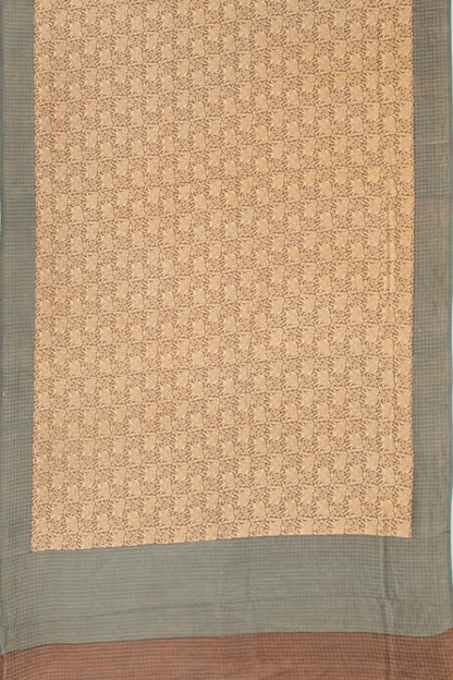 Chanderi Silk Checks And Printed Brown And Cream Saree