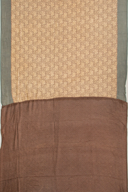 Chanderi Silk Checks And Printed Brown And Cream Saree