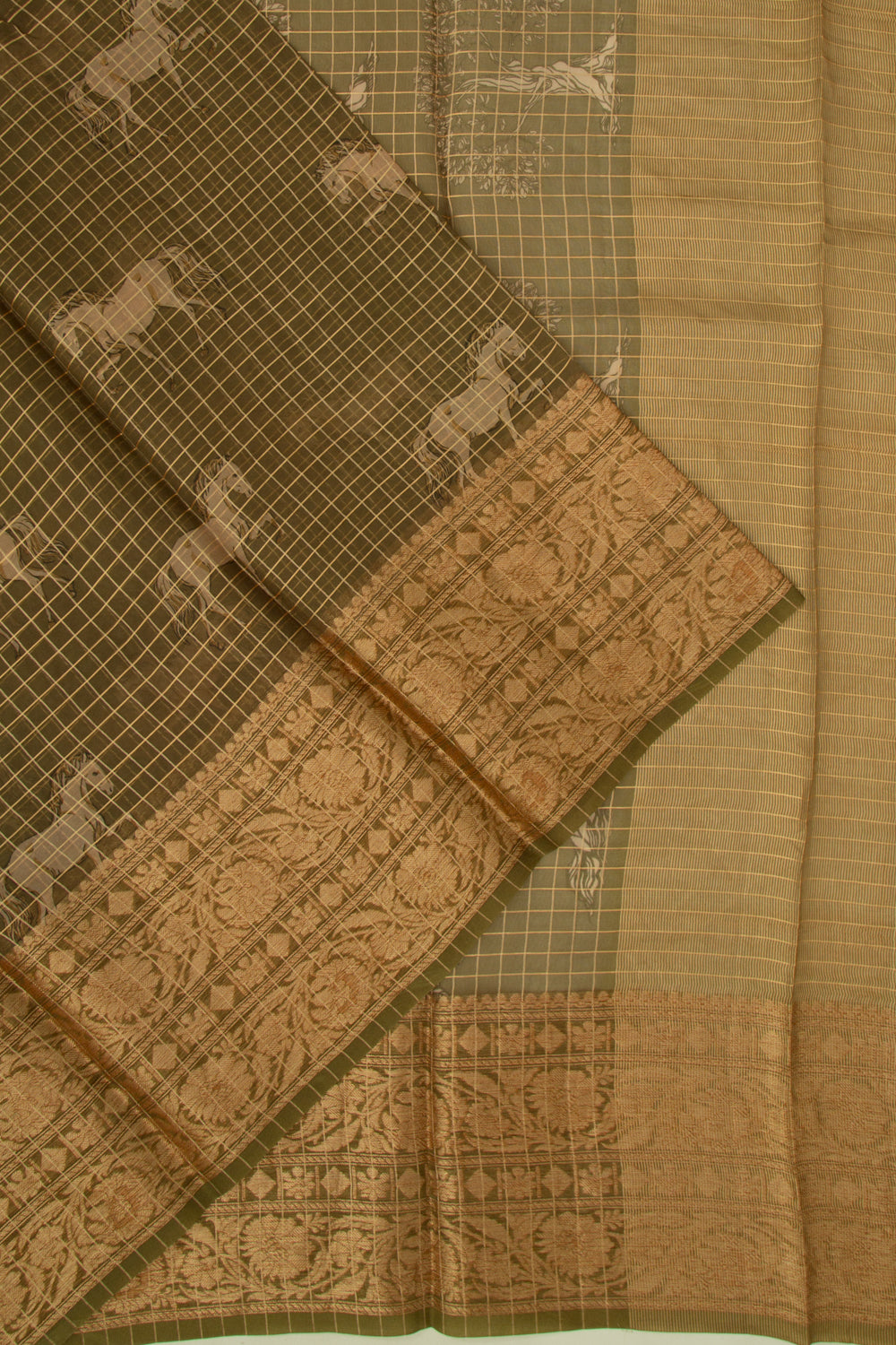 Organza Checks And Butta Mehandi Green Saree