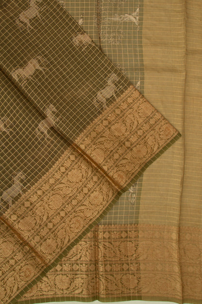 Organza Checks And Butta Mehandi Green Saree
