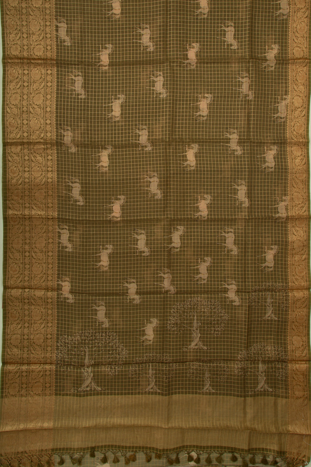Organza Checks And Butta Mehandi Green Saree