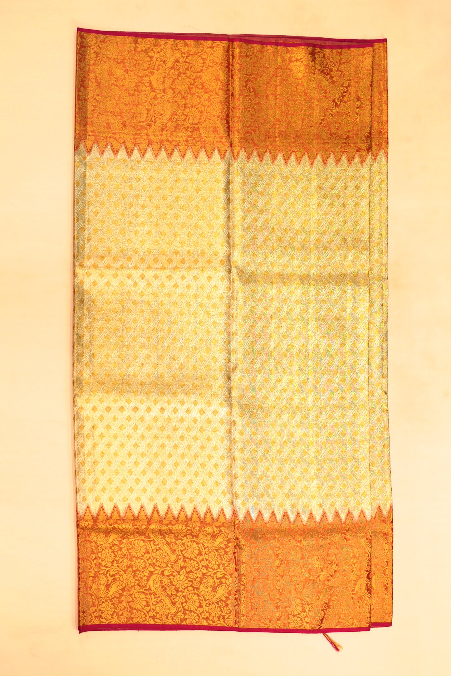 Kanchipuram Silk Tissue Geometrical Brocade Gold Saree
