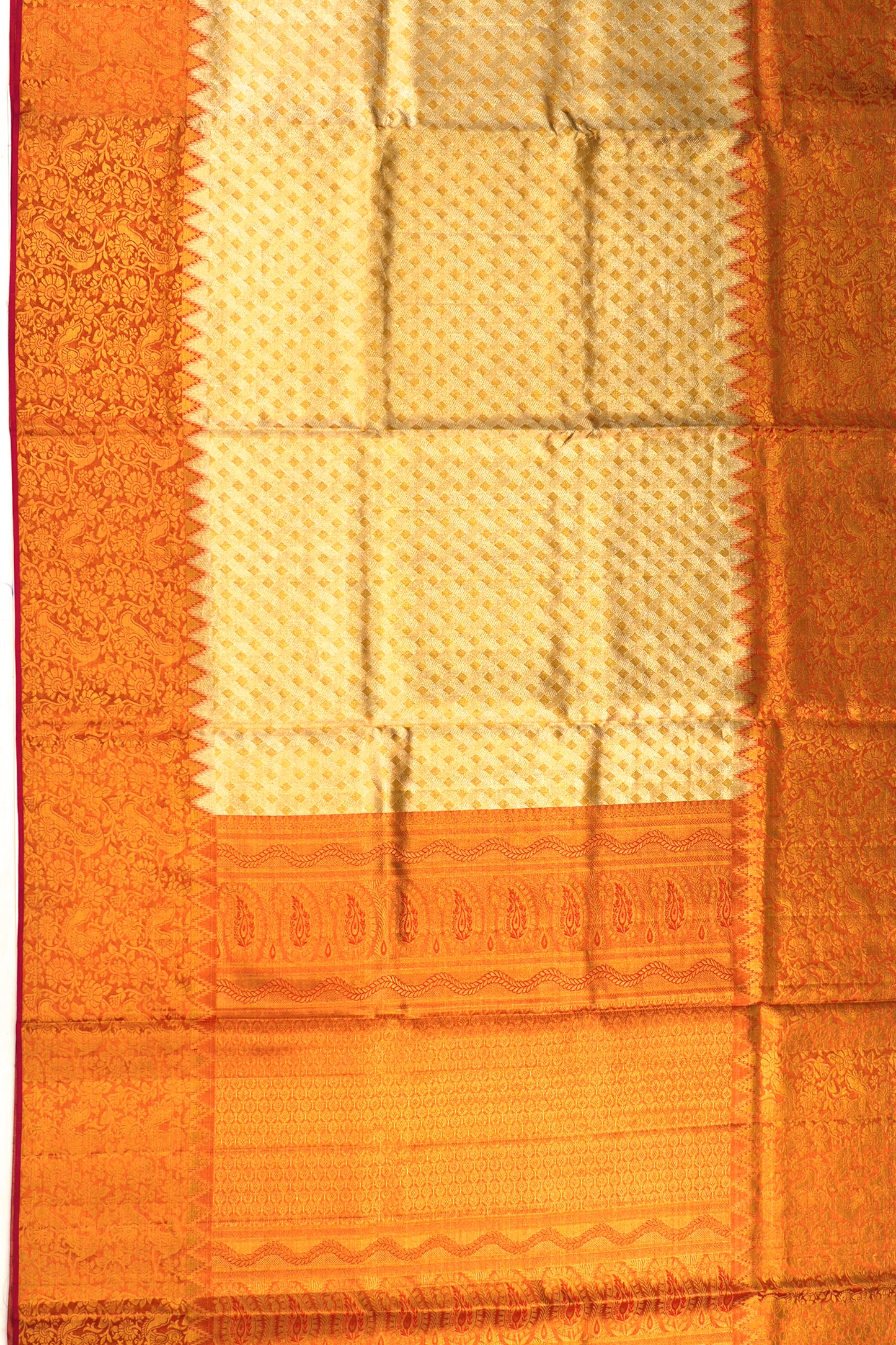 Kanchipuram Silk Tissue Geometrical Brocade Gold Saree