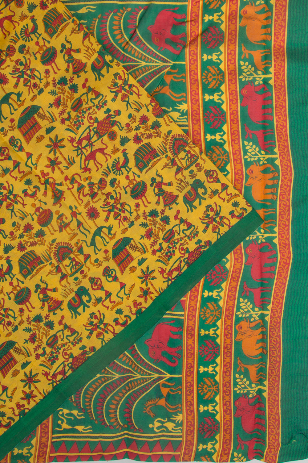 Spun Silk Block Printed Yellow Saree