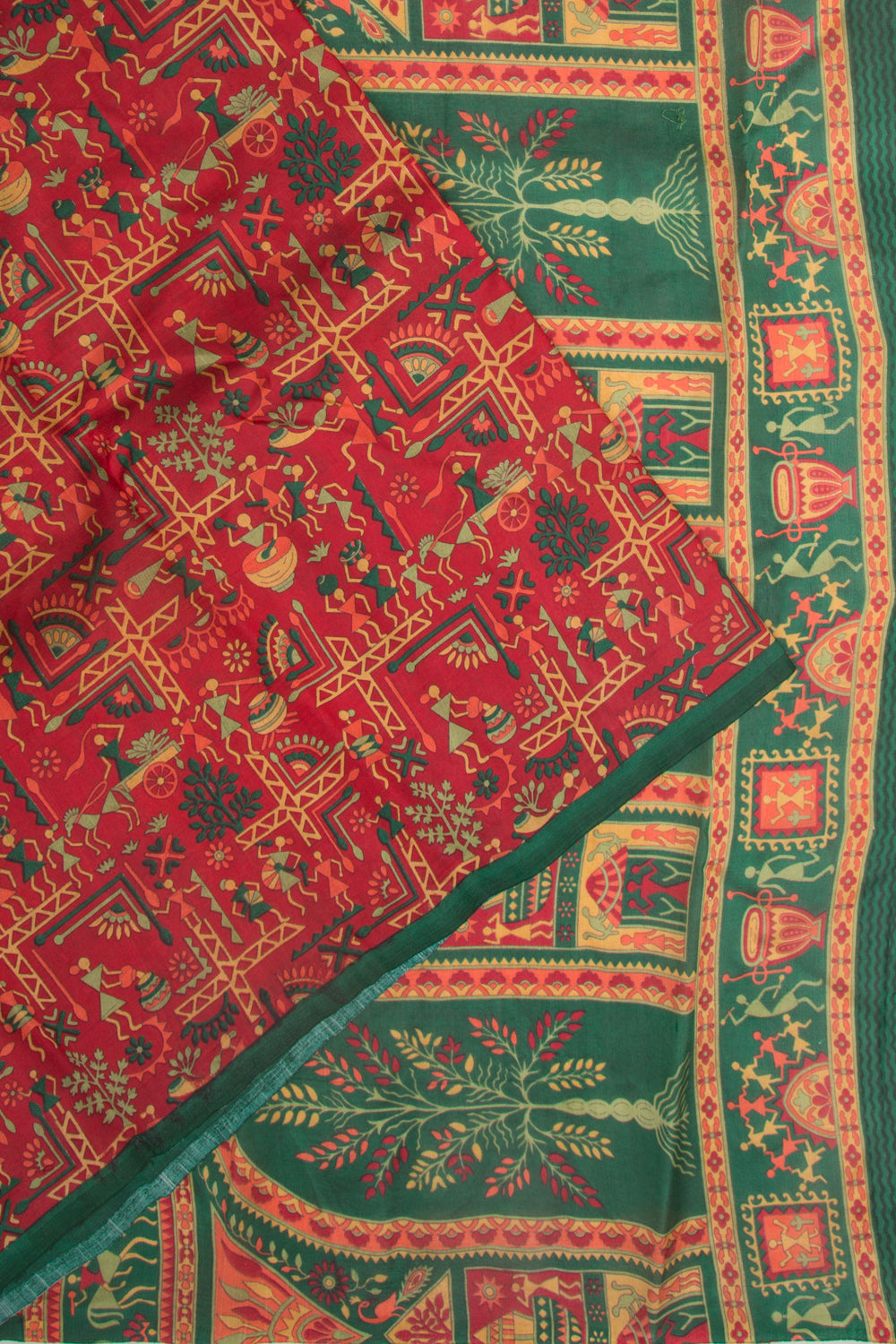Spun Silk Block Printed Red Saree