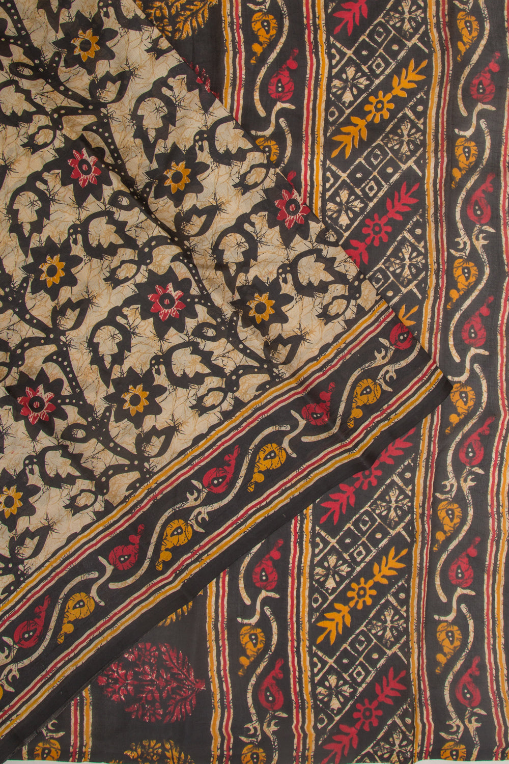 Spun Silk Block Printed Cream Saree