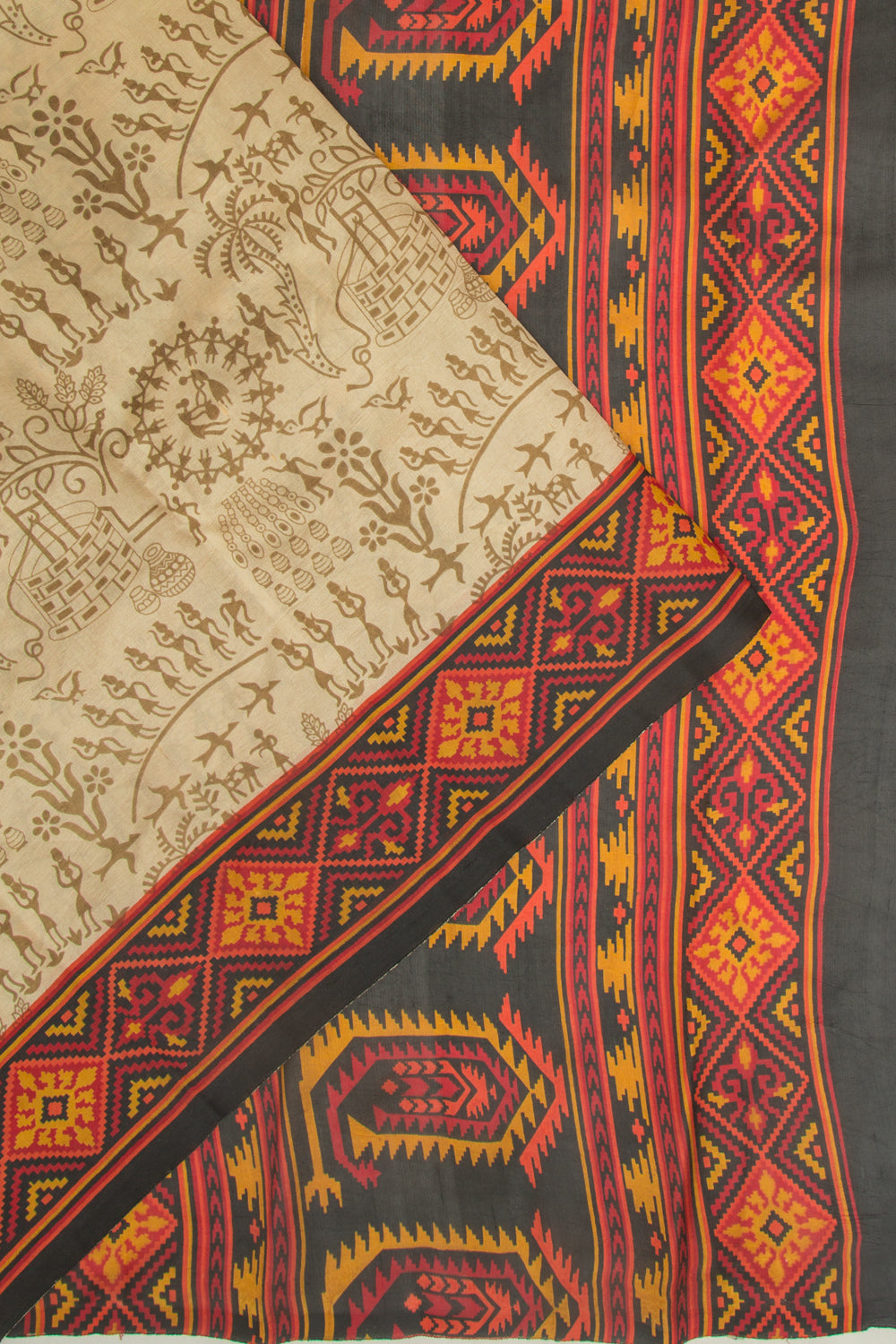 Spun Silk Block Printed Cream Saree