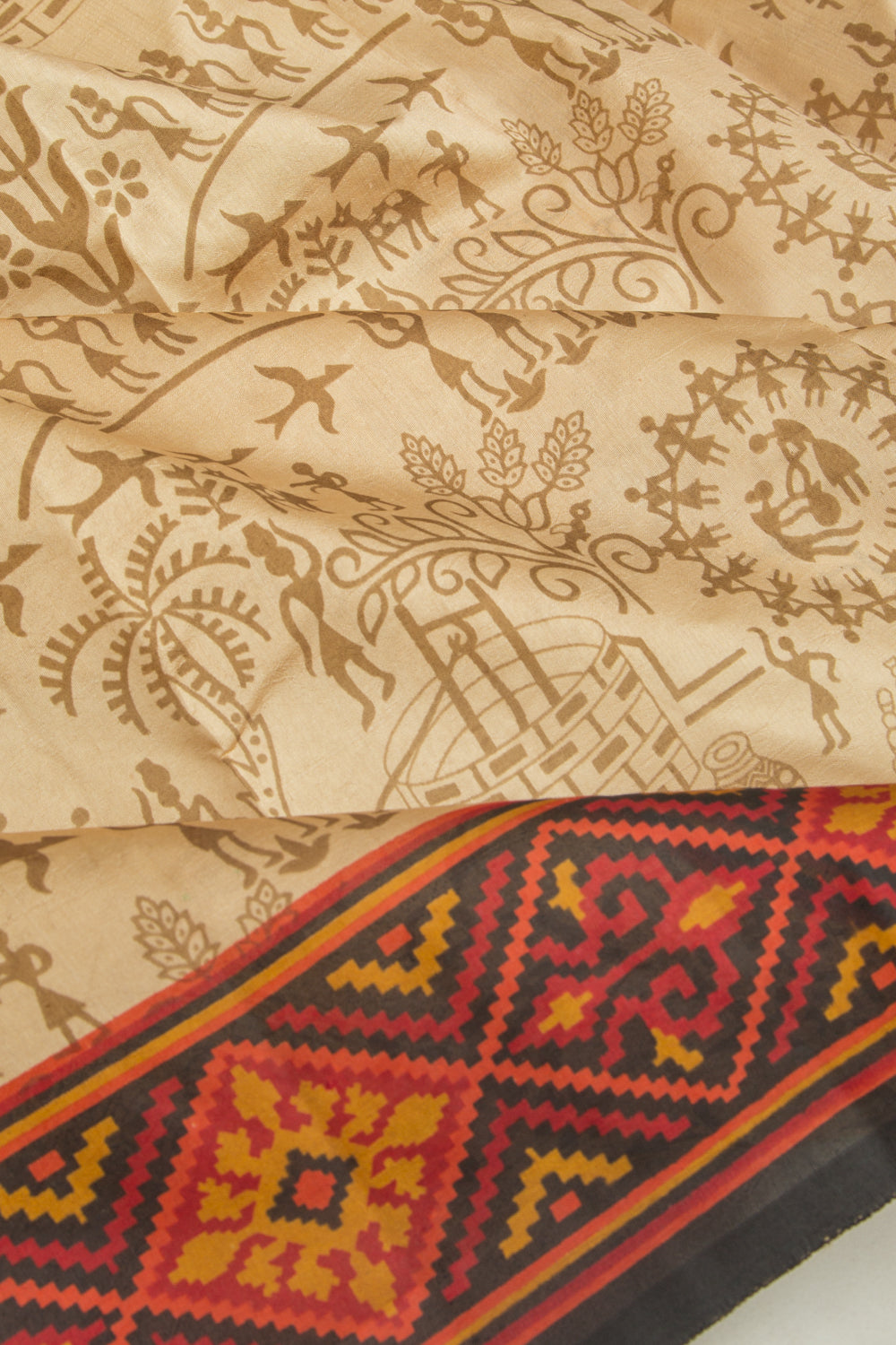 Spun Silk Block Printed Cream Saree