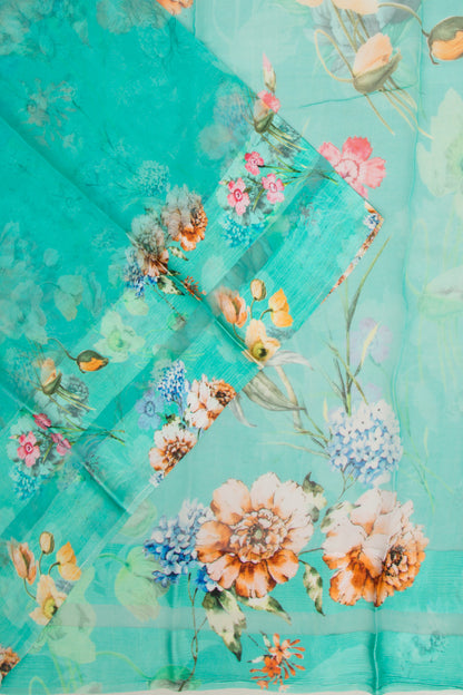 Semi Chiffon Floral Printed Sky Blue Saree