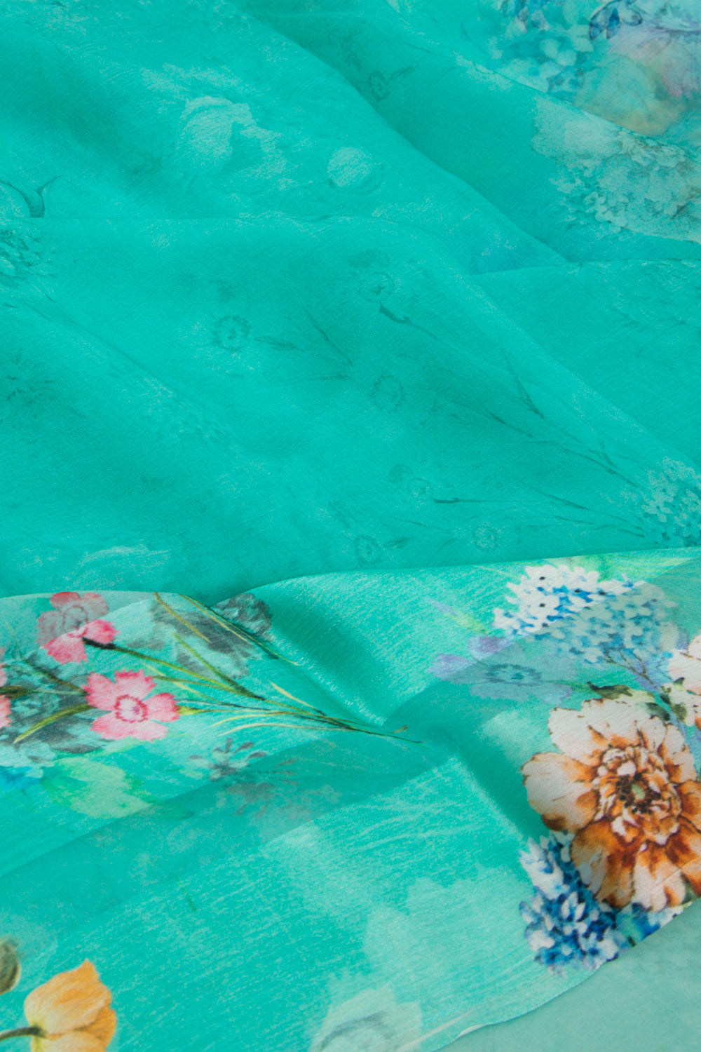 Semi Chiffon Floral Printed Sky Blue Saree