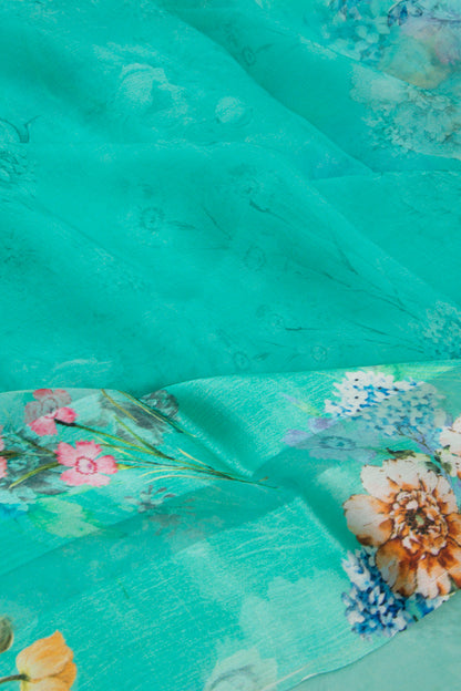 Semi Chiffon Floral Printed Sky Blue Saree