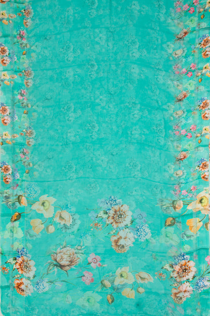 Semi Chiffon Floral Printed Sky Blue Saree
