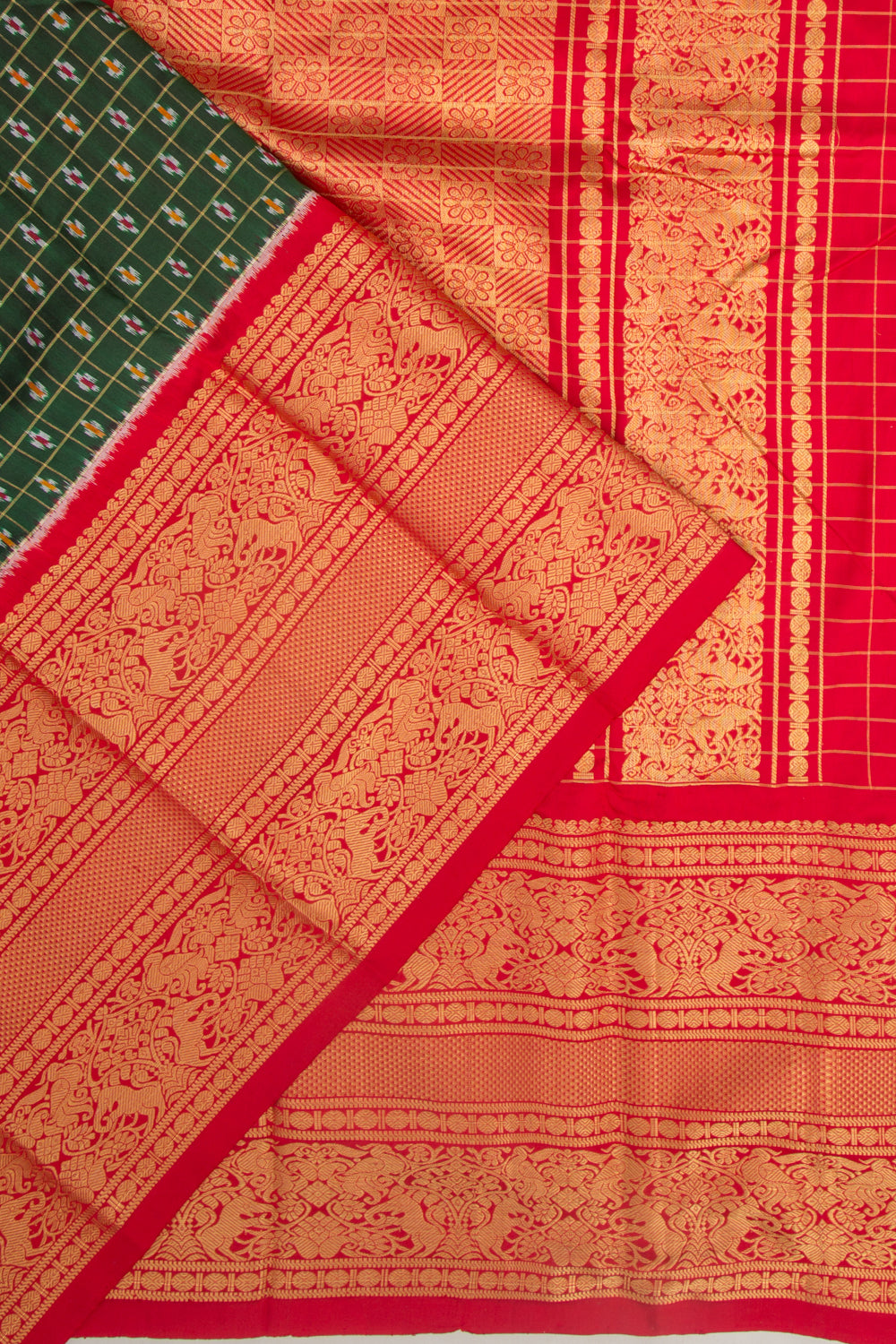 Kanchipuram Silk Checks And Ikat Green Saree