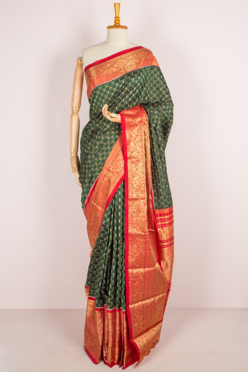 Kanchipuram Silk Checks And Ikat Green Saree