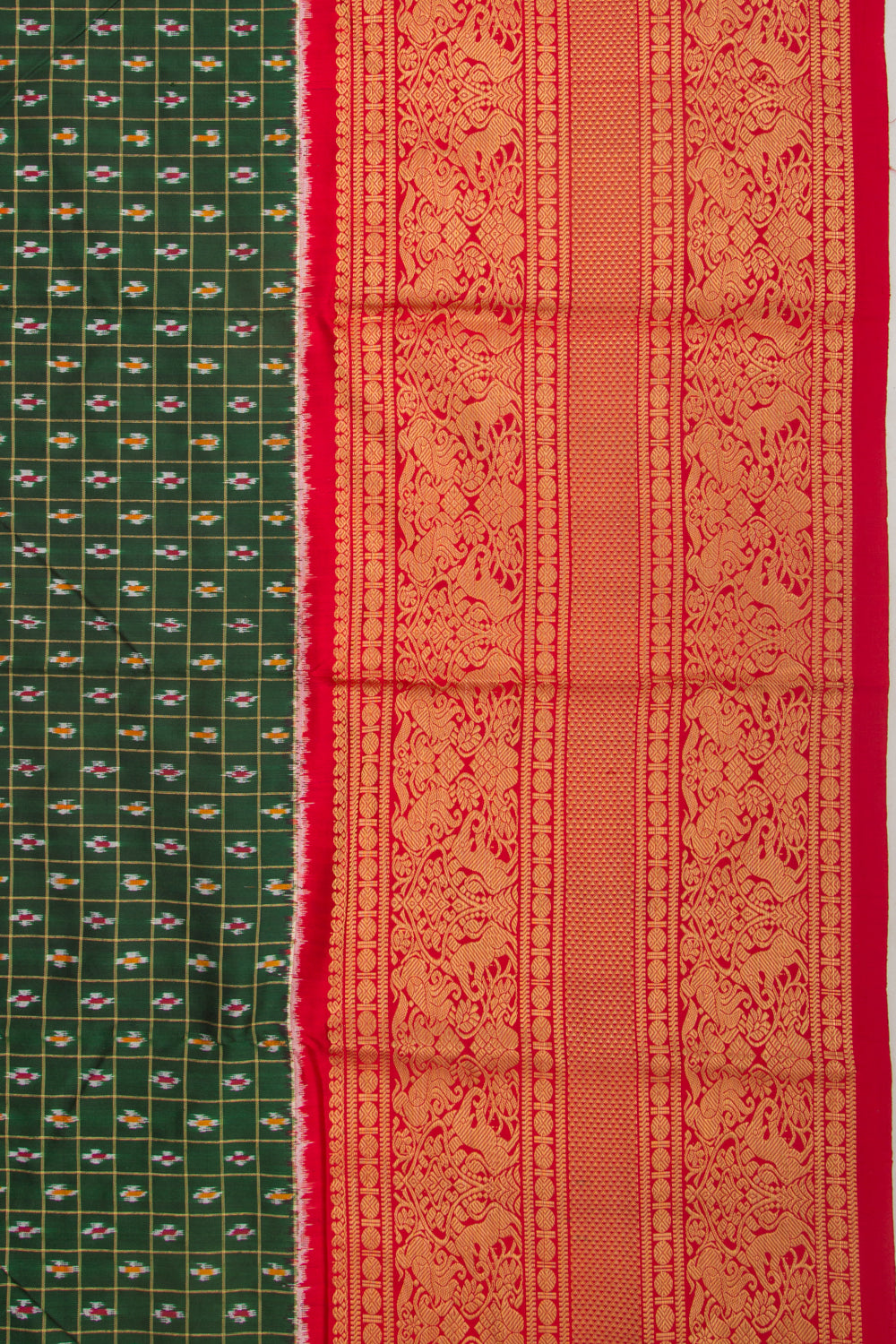 Kanchipuram Silk Checks And Ikat Green Saree