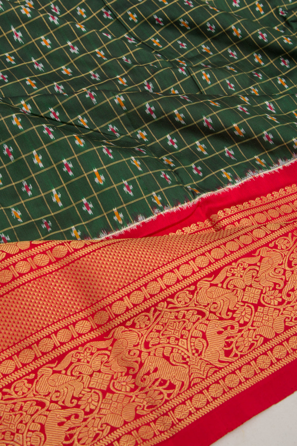 Kanchipuram Silk Checks And Ikat Green Saree
