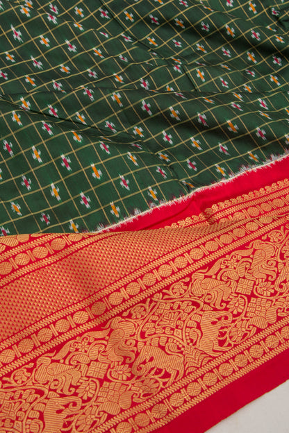 Kanchipuram Silk Checks And Ikat Green Saree