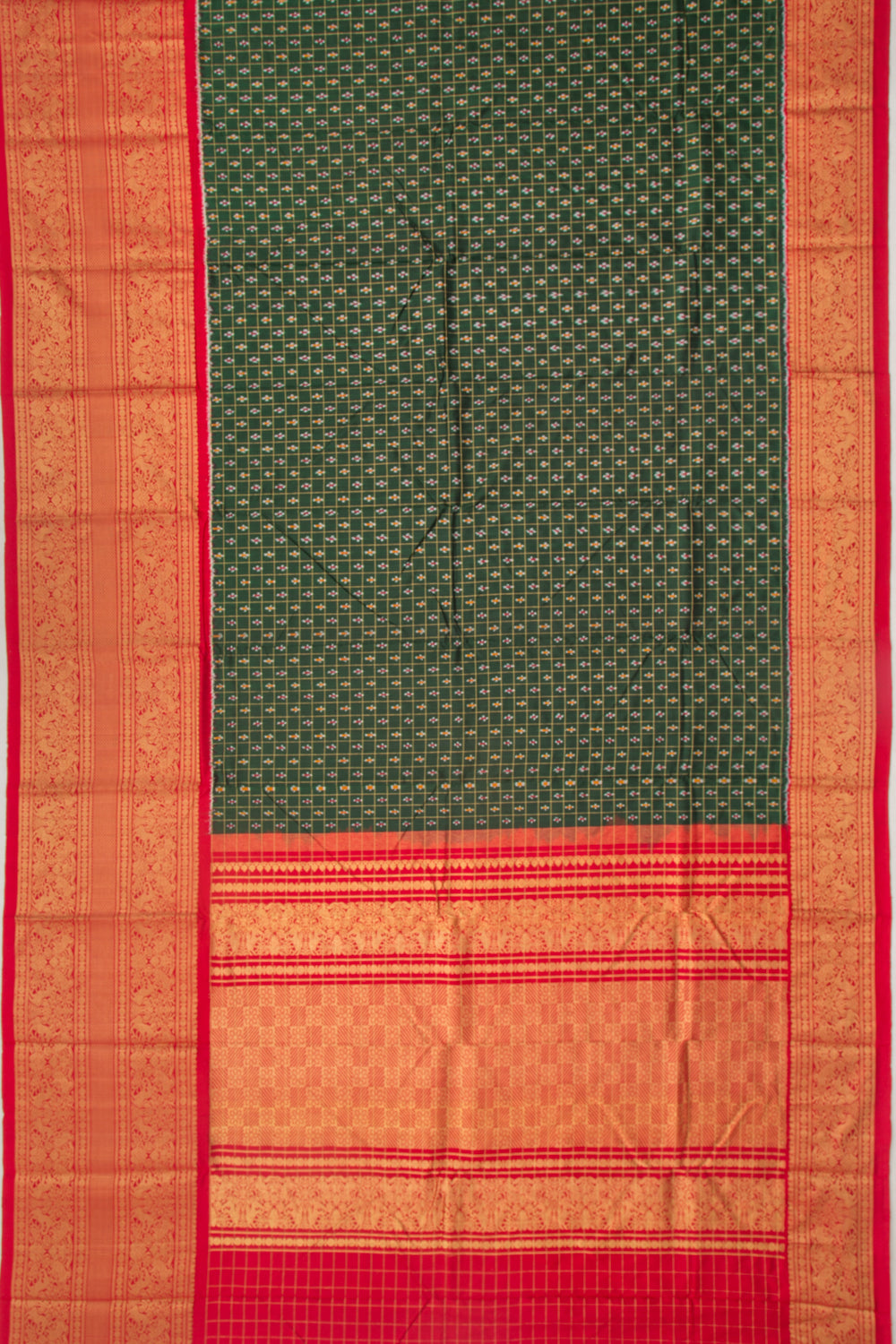 Kanchipuram Silk Checks And Ikat Green Saree