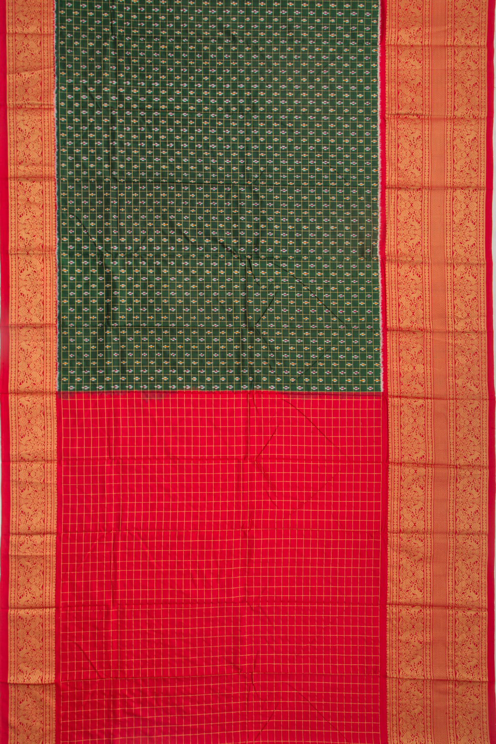 Kanchipuram Silk Checks And Ikat Green Saree