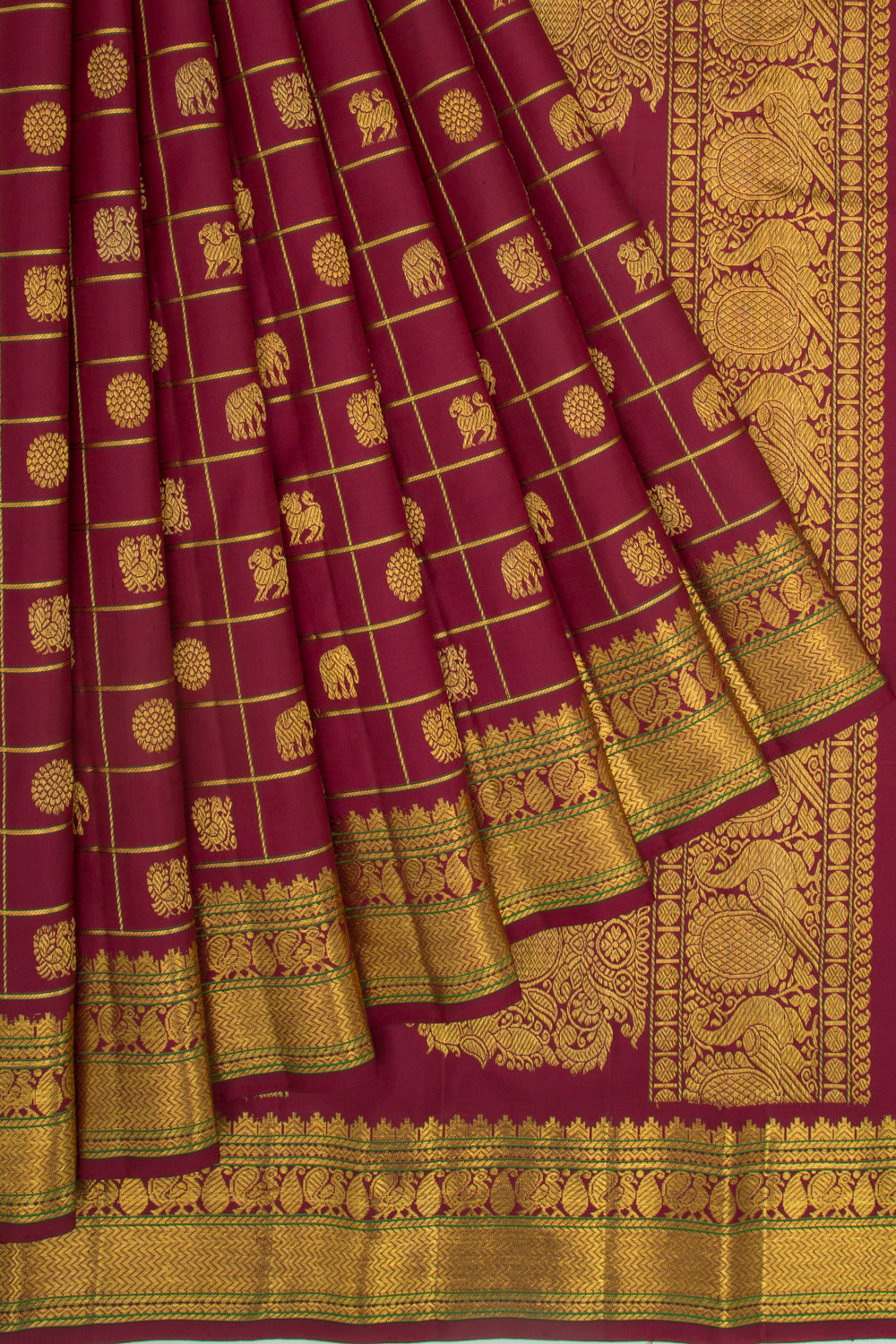 Kanchipuram Silk Checks And Butta Maroon Saree