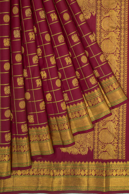 Kanchipuram Silk Checks And Butta Maroon Saree