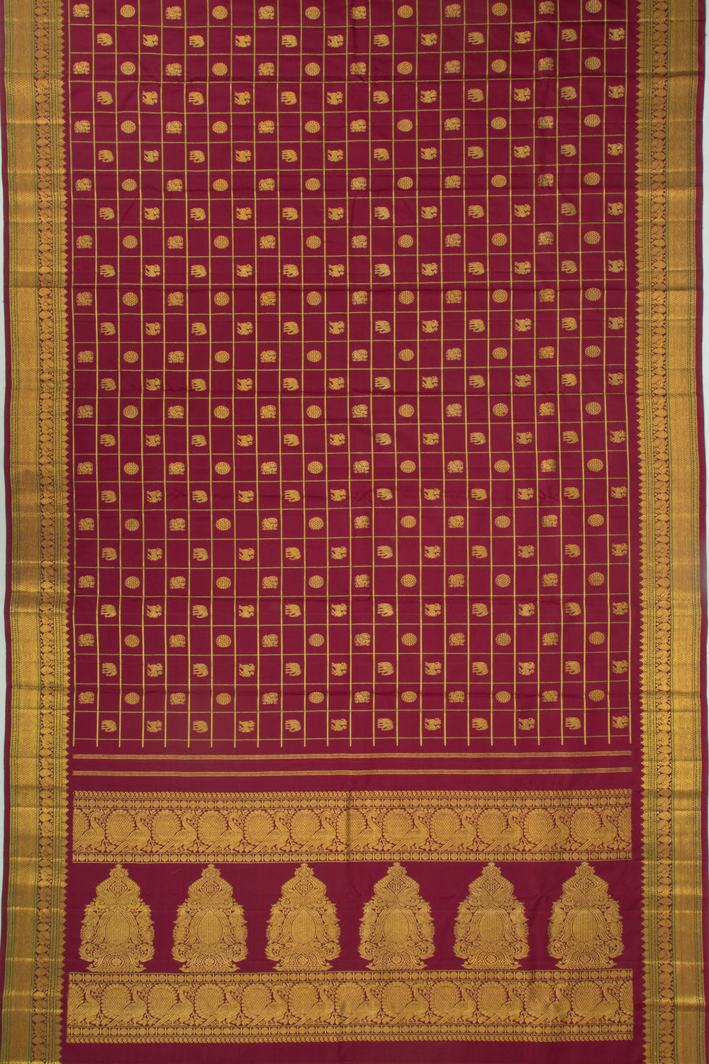 Kanchipuram Silk Checks And Butta Maroon Saree
