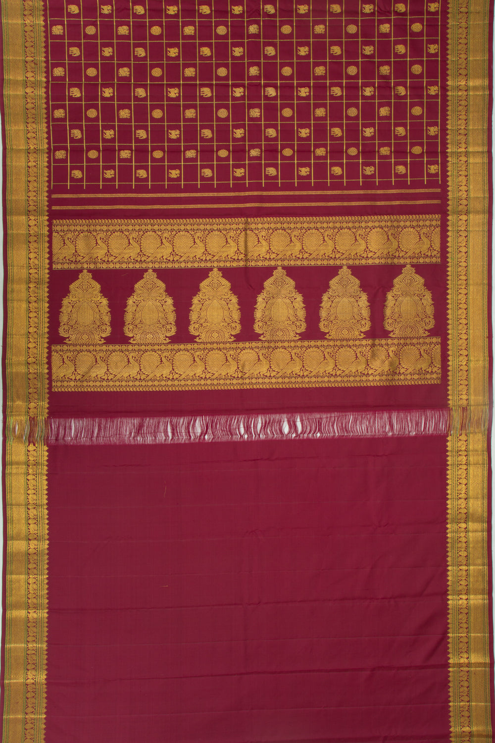 Kanchipuram Silk Checks And Butta Maroon Saree