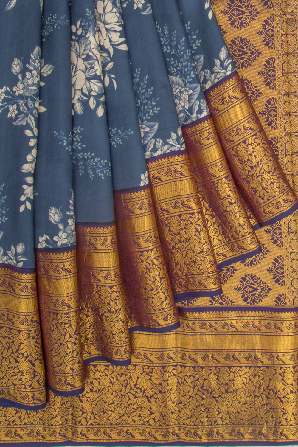Kanchipuram Silk Floral Printed Blue Saree