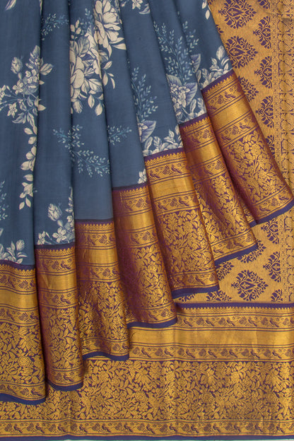 Kanchipuram Silk Floral Printed Blue Saree
