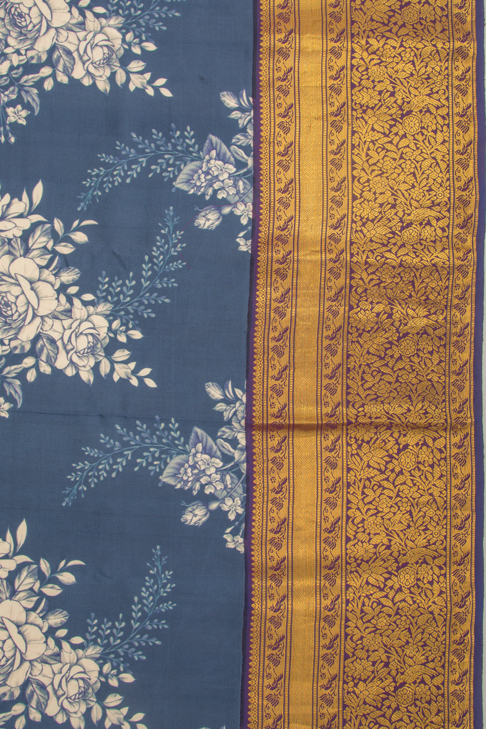 Kanchipuram Silk Floral Printed Blue Saree