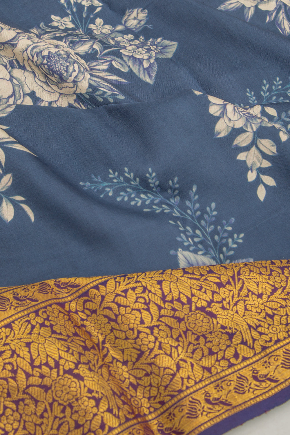 Kanchipuram Silk Floral Printed Blue Saree