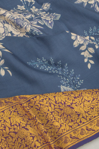 Kanchipuram Silk Floral Printed Blue Saree