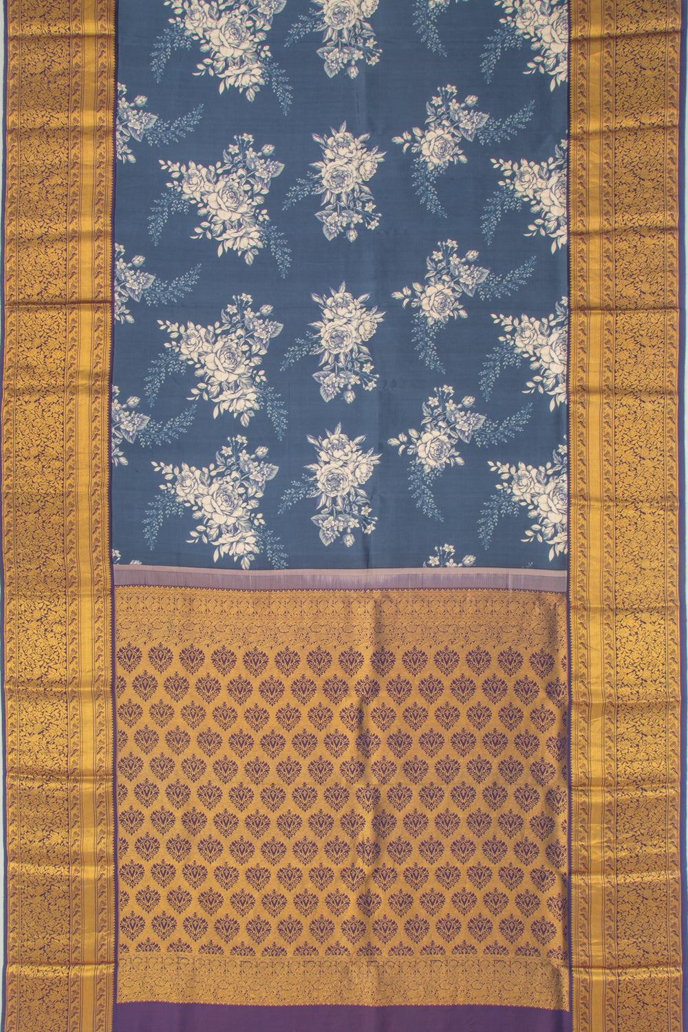 Kanchipuram Silk Floral Printed Blue Saree