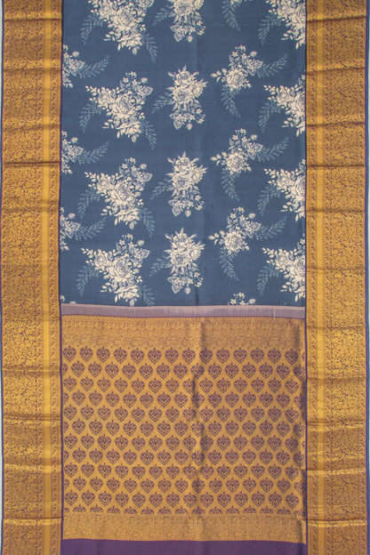 Kanchipuram Silk Floral Printed Blue Saree