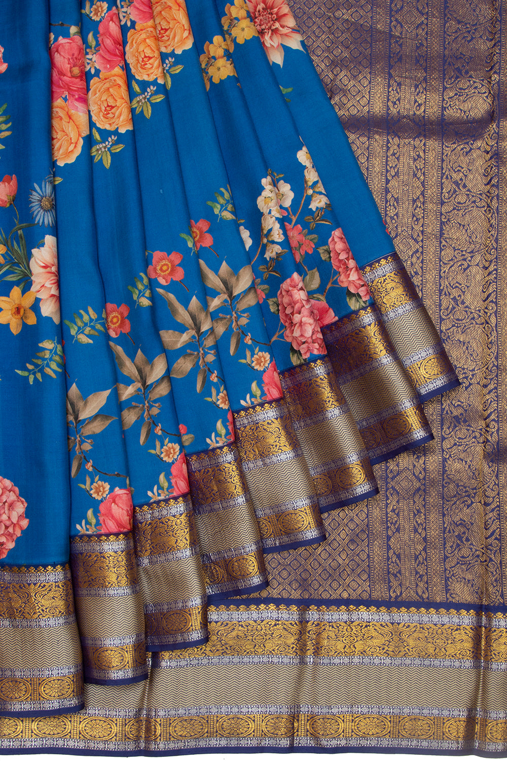 Kanchipuram Silk Floral Printed Dark Blue Saree