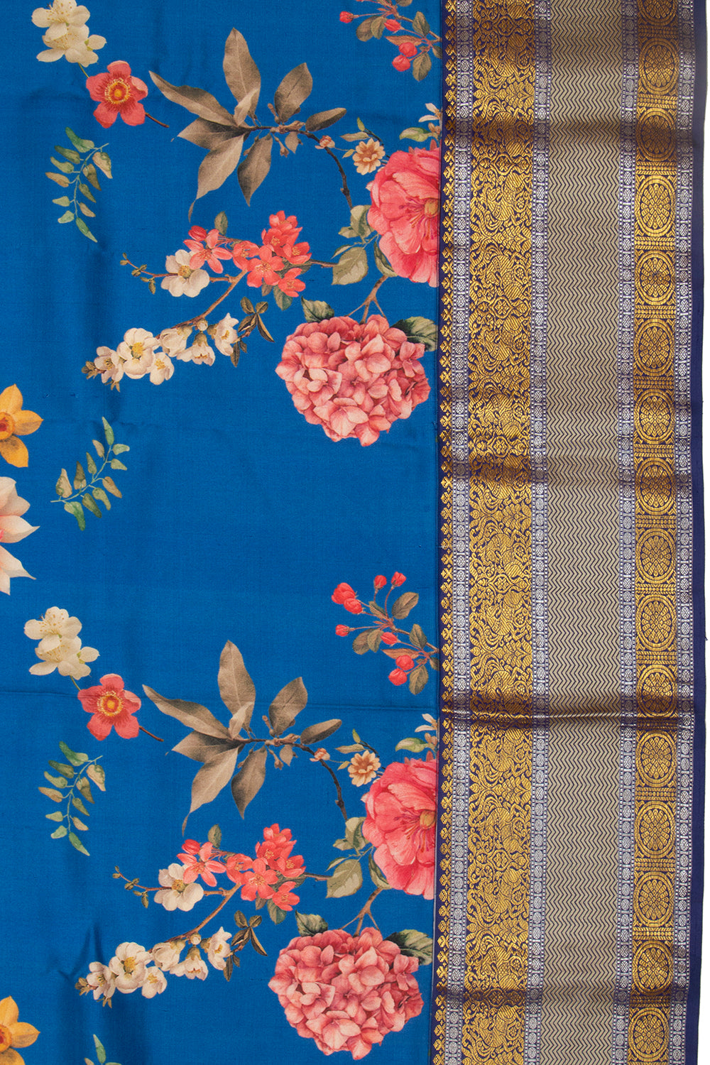 Kanchipuram Silk Floral Printed Dark Blue Saree