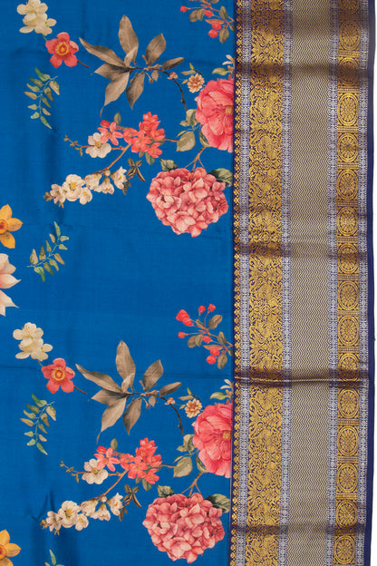 Kanchipuram Silk Floral Printed Dark Blue Saree