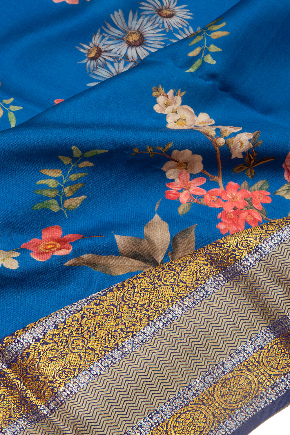 Kanchipuram Silk Floral Printed Dark Blue Saree
