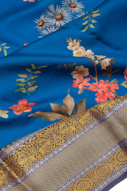 Kanchipuram Silk Floral Printed Dark Blue Saree