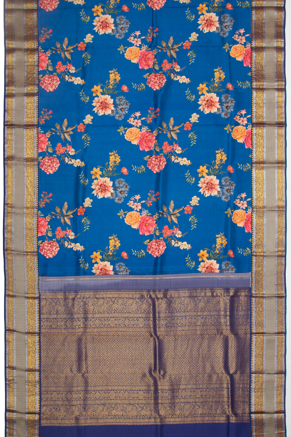 Kanchipuram Silk Floral Printed Dark Blue Saree