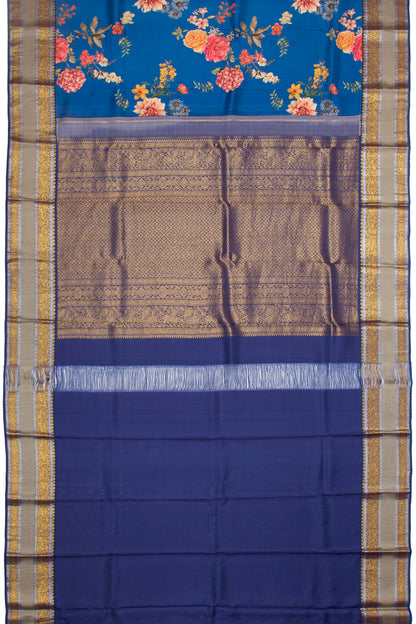 Kanchipuram Silk Floral Printed Dark Blue Saree