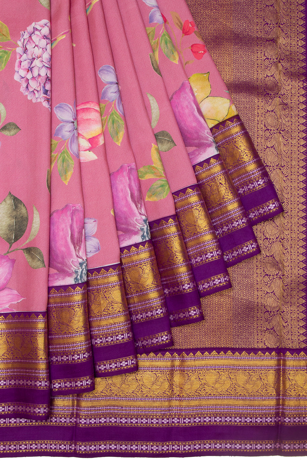 Kanchipuram Silk Floral Printed Pink Saree