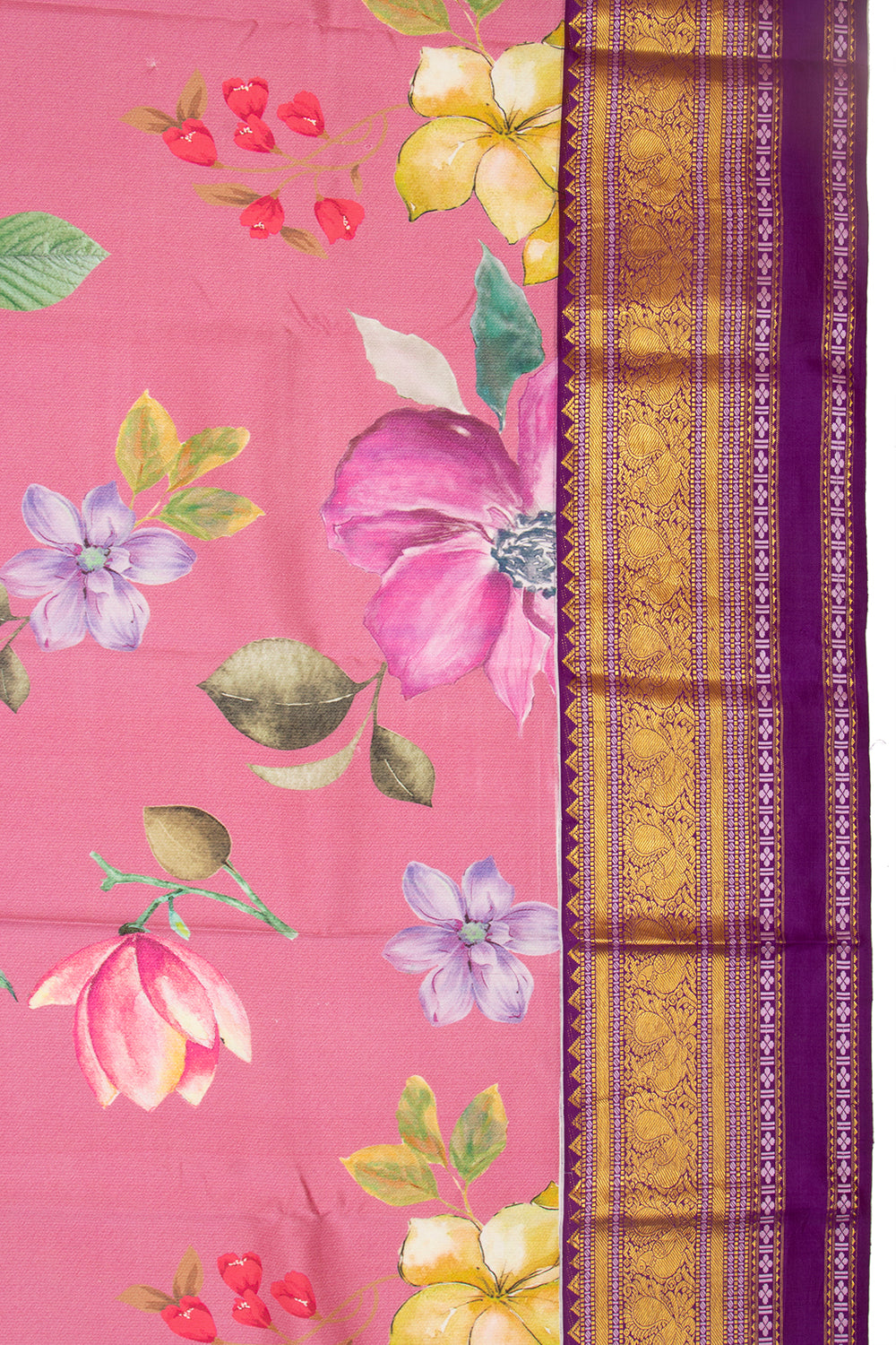 Kanchipuram Silk Floral Printed Pink Saree
